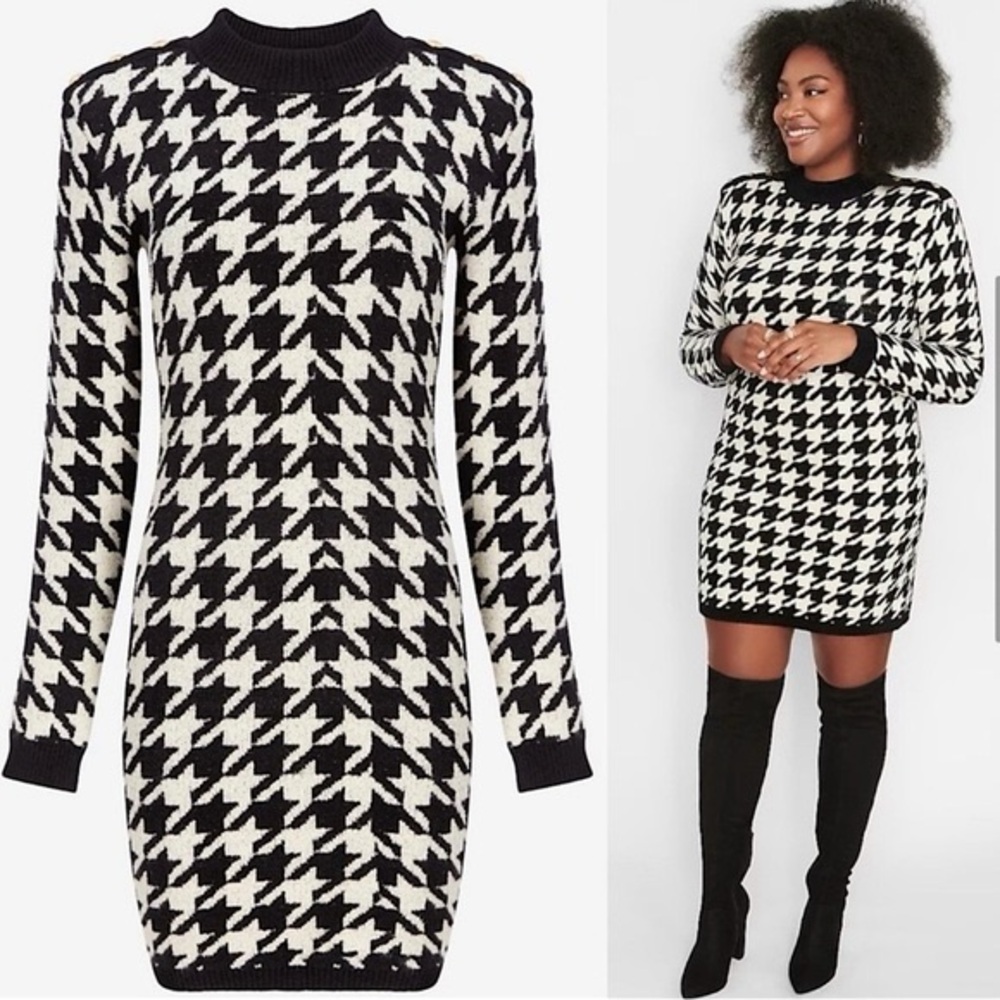 Express Black and White Houndstooth Long Sleeve Dress